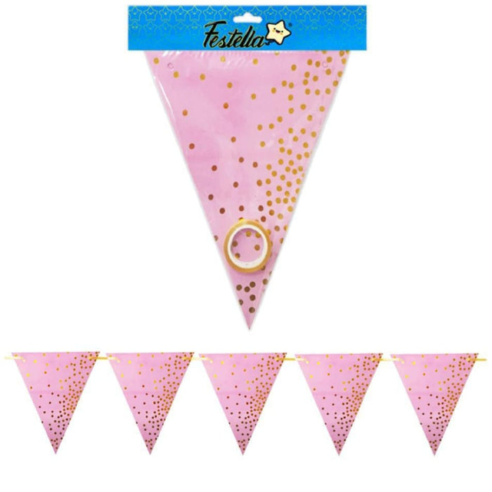 Banderin Metalizado Rosado Puntos Dorados Festella