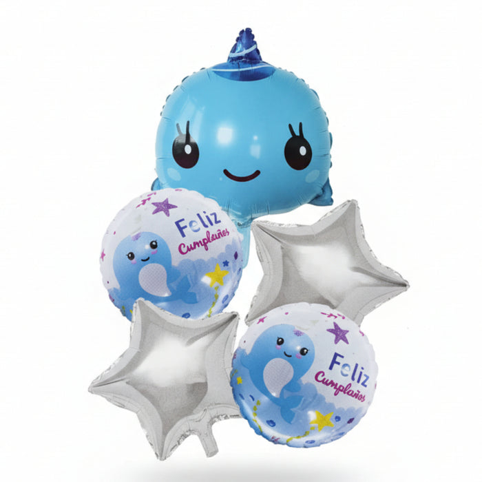 Bouquet de Globos Feliz Cumpleaños Bebe Narval X 5 Piezas
