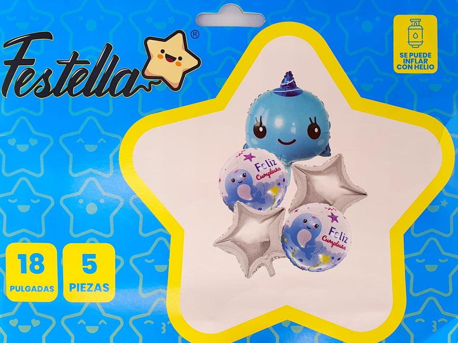 Bouquet de Globos Feliz Cumpleaños Bebe Narval X 5 Piezas