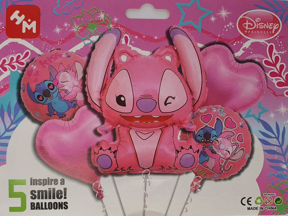Bouquet de Globos Angel - Lilo y Stitch Corazones Rosados X 5 Piezas