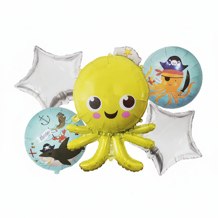 Bouquet de Globos Birthday Pulpo Estrella Plata X 5 Piezas