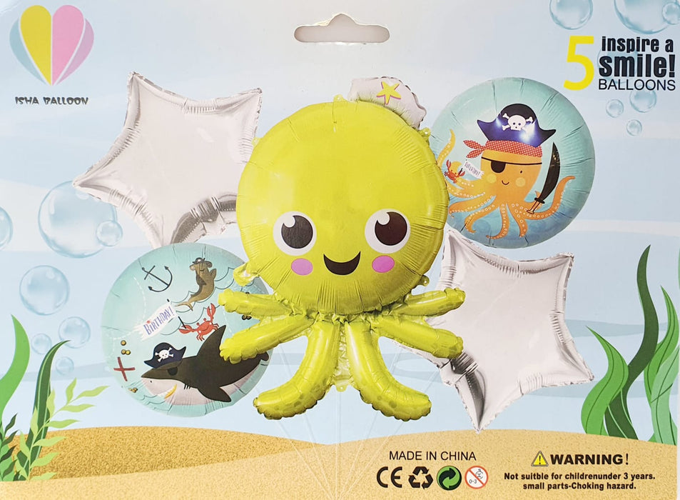 Bouquet de Globos Birthday Pulpo Estrella Plata X 5 Piezas