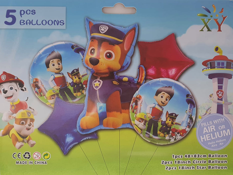 Bouquet de Globos Chase Paw Patrol Estrella Azul y Roja X 5 Piezas