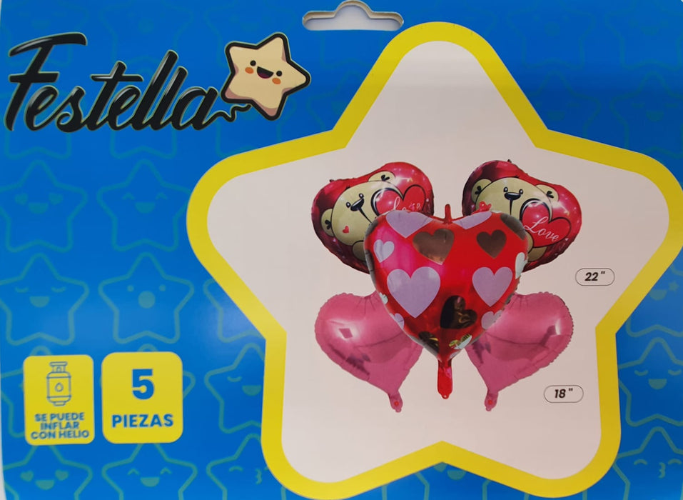Bouquet de Globos Corazones Osito Love X 5 Piezas Festella