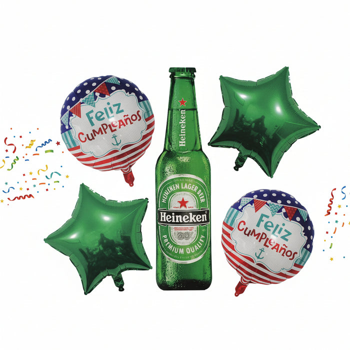 Bouquet de Globos Feliz Cumpleaños Botella de Cerveza Verde X 5 Piezas