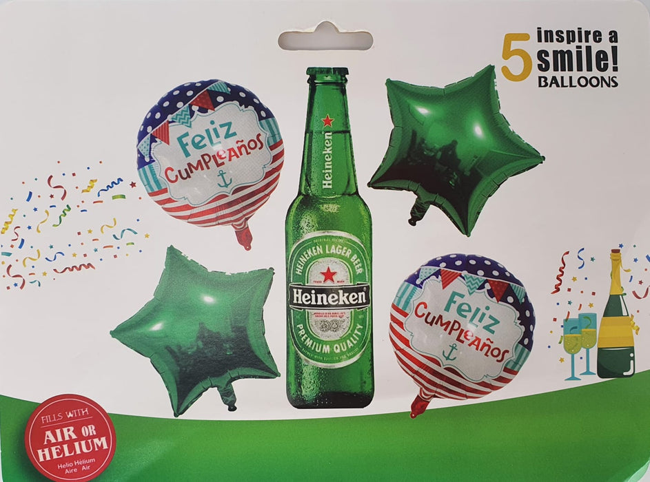 Bouquet de Globos Feliz Cumpleaños Botella de Cerveza Verde X 5 Piezas