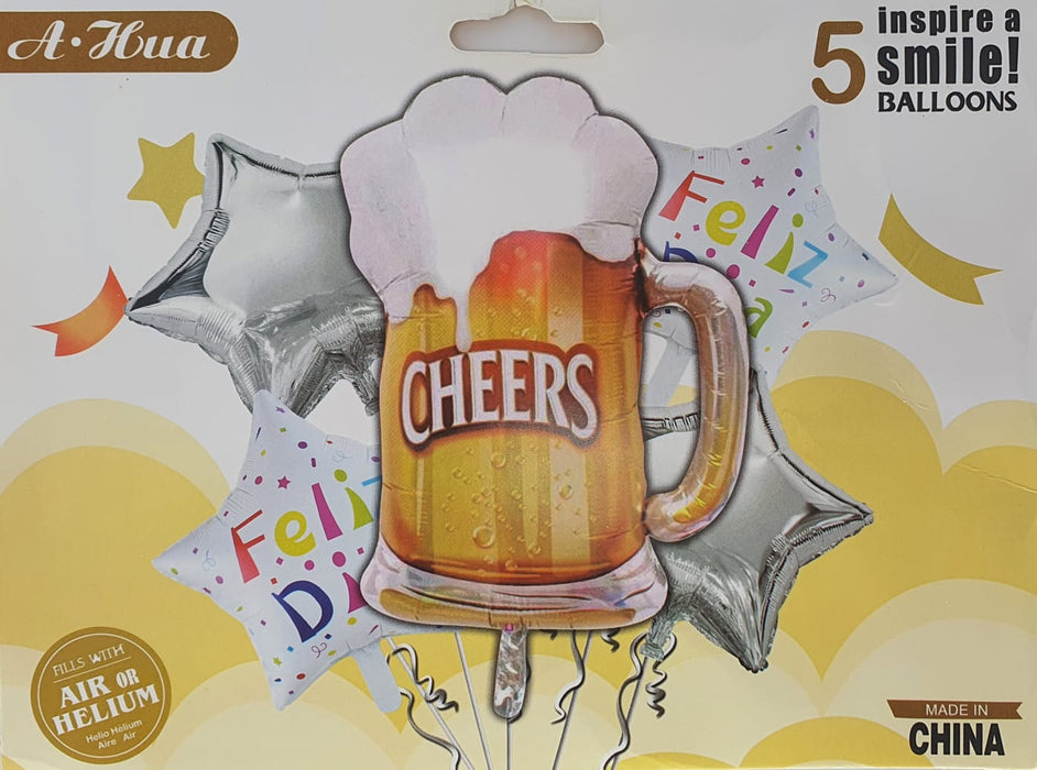 Bouquet de Globos Feliz Dia Jarra de Cerveza Estrellas X 5 Piezas