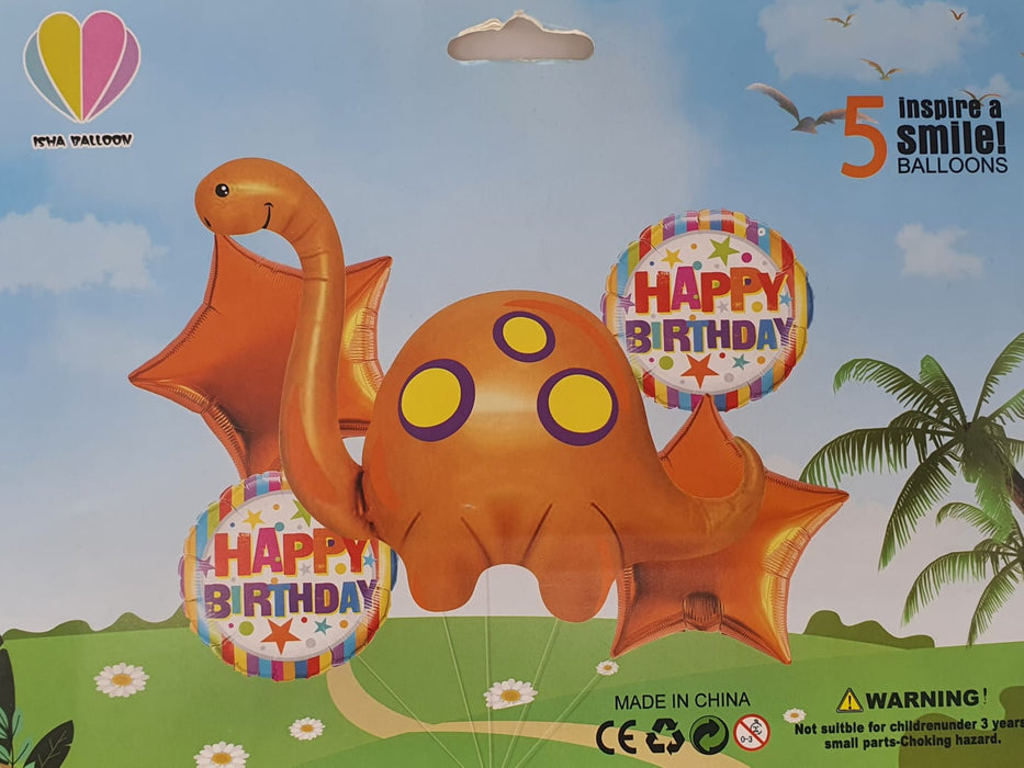 Bouquet de Globos Happy Birthday Dinosaurio Brontosaurio Naranja X 5 Piezas