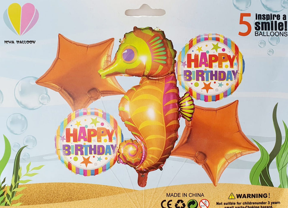 Bouquet de Globos Happy Birthday Caballito de Mar Naranja X 5 Piezas