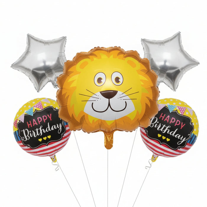Bouquet de Globos Happy Birthday Leon Estrellas Plata X 5 Piezas