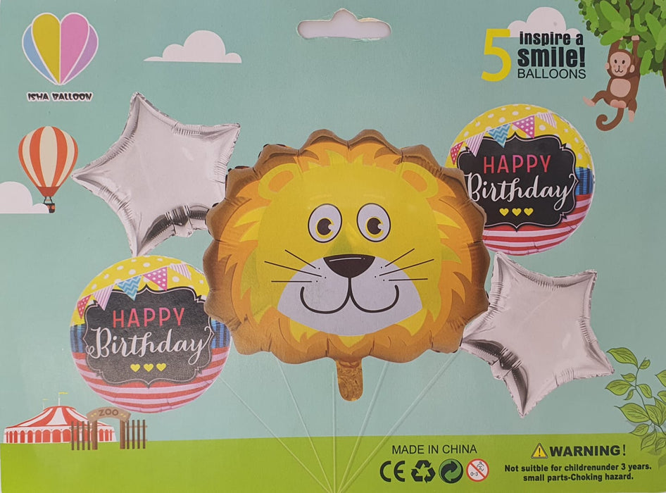 Bouquet de Globos Happy Birthday Leon Estrellas Plata X 5 Piezas