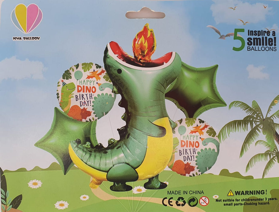 Bouquet de Globos Happy Dinosaurio Birthday Dragon Lanza Llamas X 5 Piezas