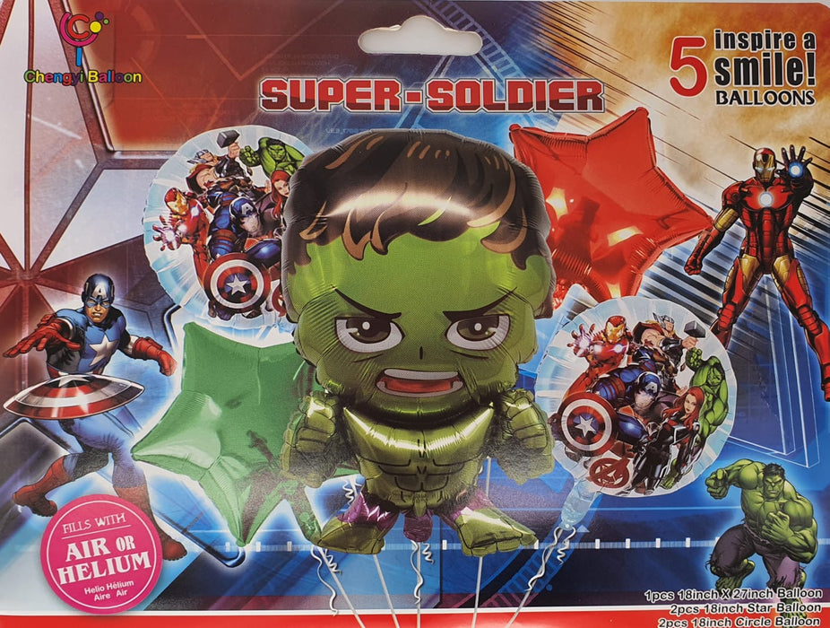 Bouquet de Globos Hulk Estrella Roja y Verde X 5 Piezas
