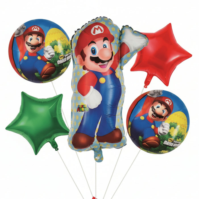 Bouquet de Globos Super Mario Bros Estrella Roja y Verde X 5 Piezas