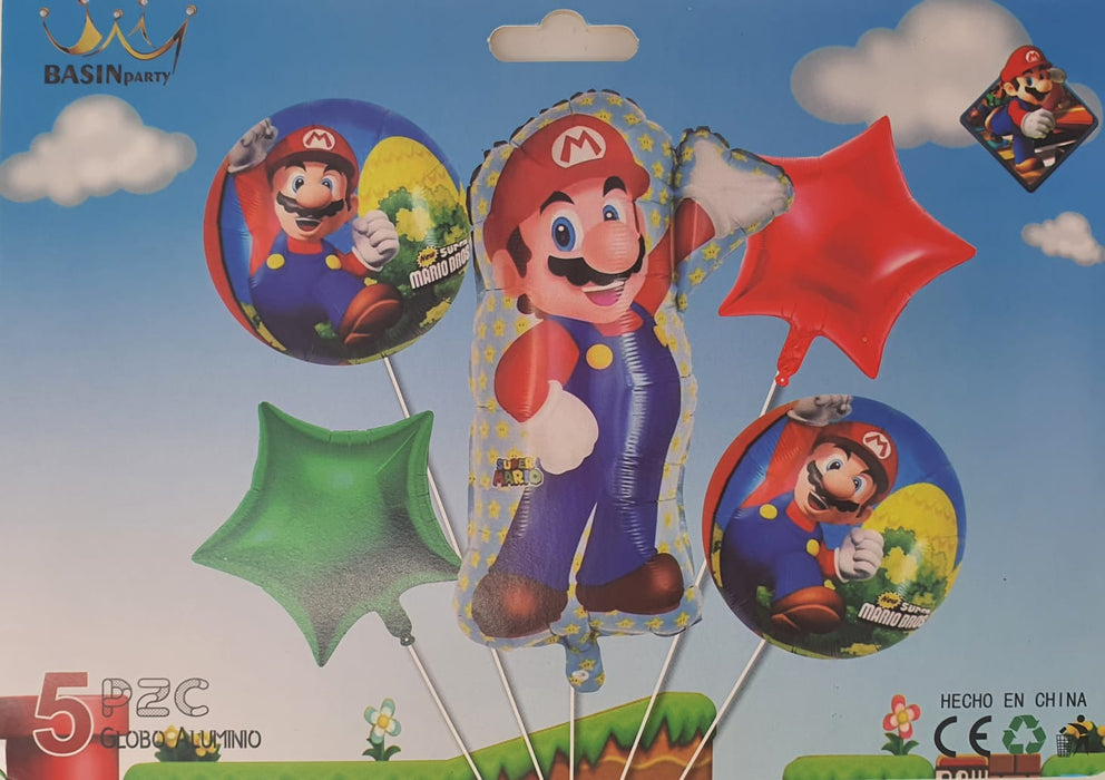 Bouquet de Globos Super Mario Bros Estrella Roja y Verde X 5 Piezas