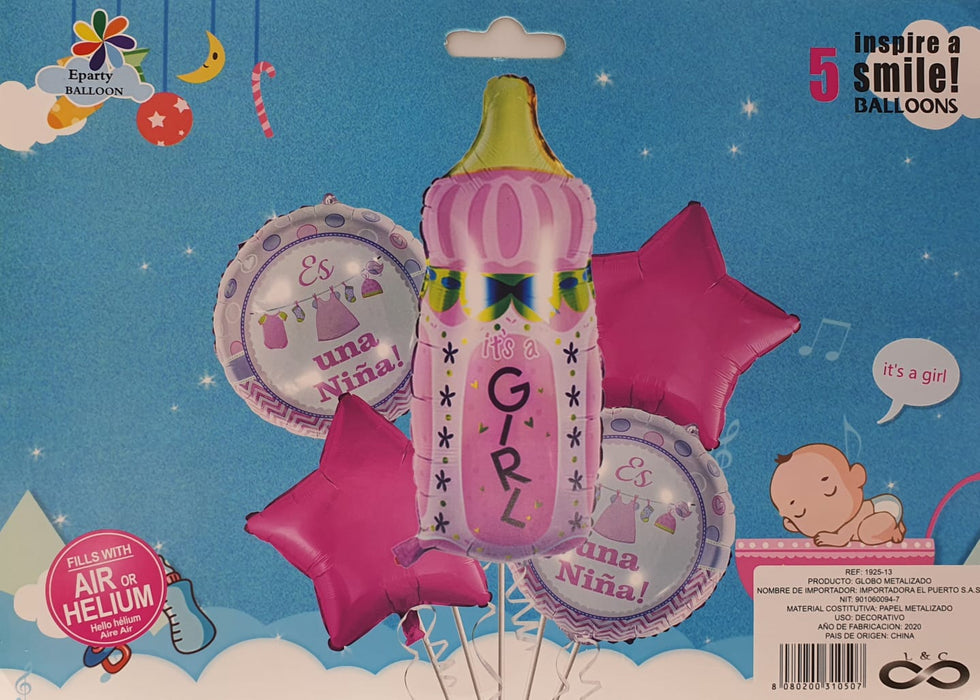 Bouquet de Globos Tetero Estrellas Rosadas X 5 Piezas
