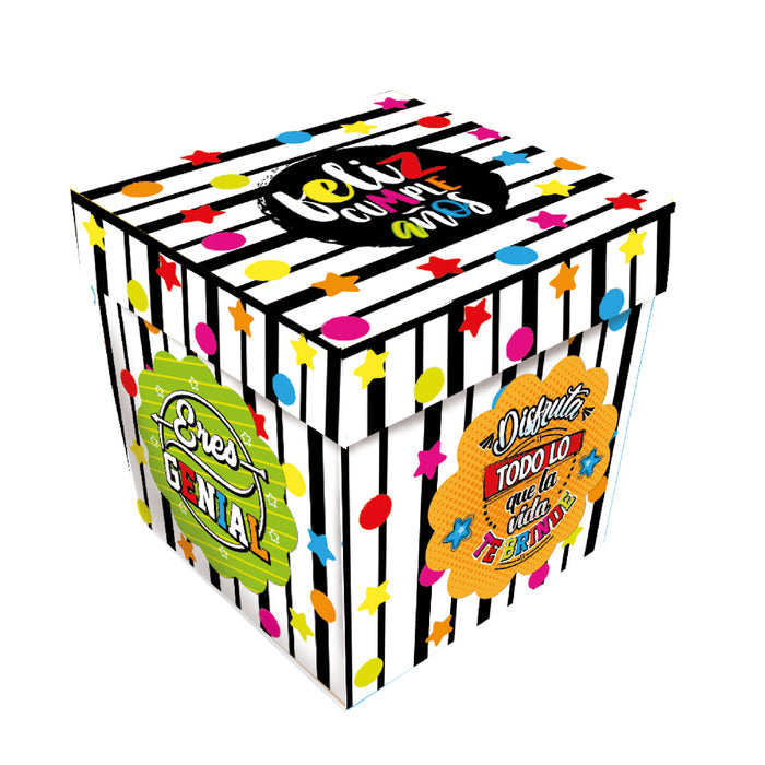 Caja Cubo Mediana Feliz Cumpleaños Rayas x 1 unidad