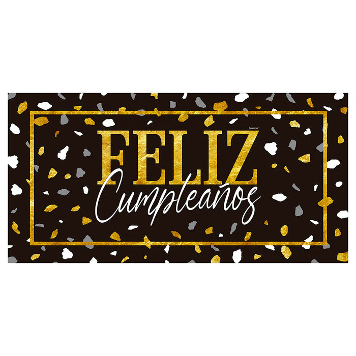 Cartel Plastico Feliz Cumpleaños Terrazo Dorado Negro 100 X 50 CM X 1 Unidad Sempertex