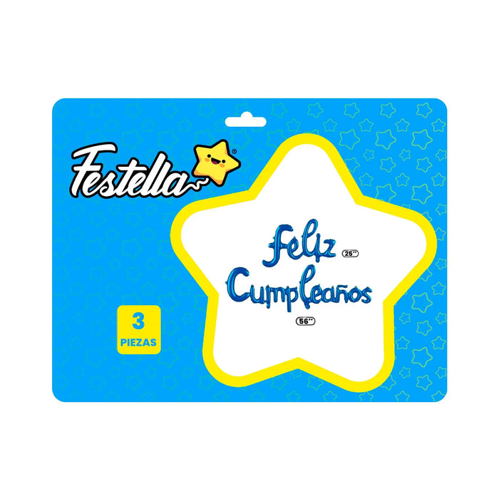 Letrero Kit Globos Feliz Cumpleaños Festella 3 Piezas Azul