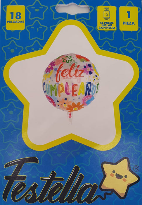 Globo Impreso Transparente Feliz Cumpleaños Flores 18" Festella