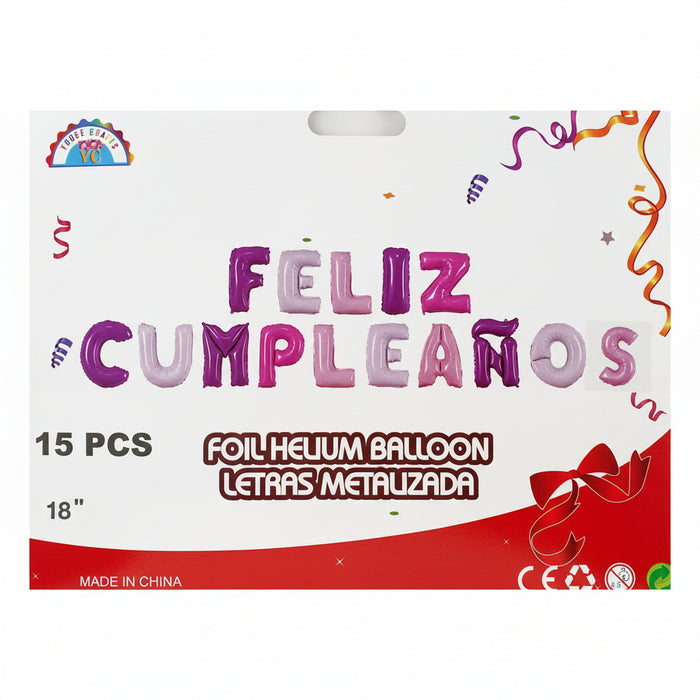 Globo Letrero Metalizado Feliz Cumpleaños Lila Multicolor  X 15 Piezas