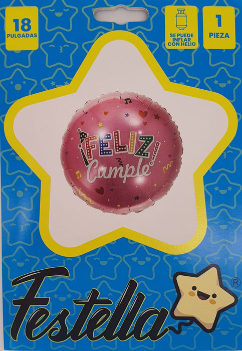 Globo Metalizado Redondo Feliz Cumple Rosado 18" Festella