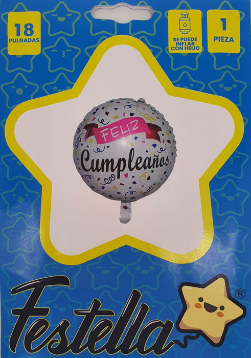 Globo Metalizado Redondo Feliz Cumpleaños Blanco Confetti 18" Festella