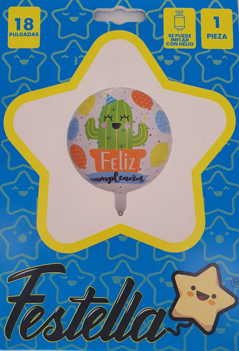 Globo Metalizado Redondo Feliz Cumpleaños Cactus 18" Festella
