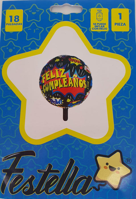 Globo Metalizado Redondo Feliz Cumpleaños Comic 18" Festella