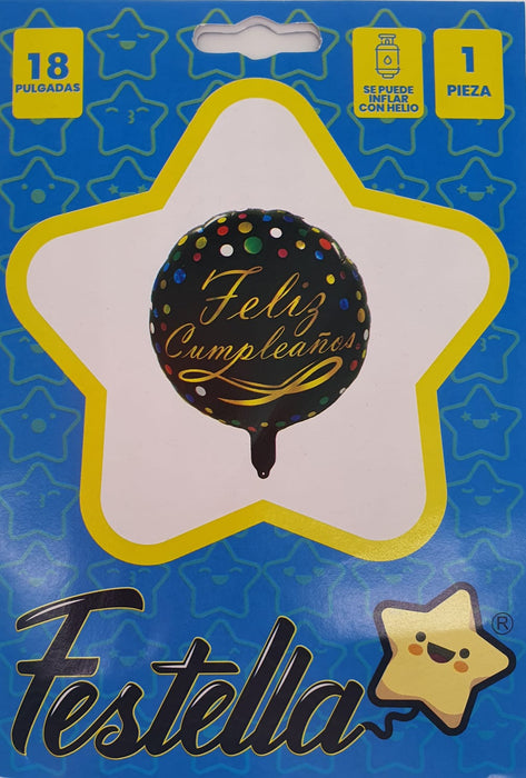 Globo Metalizado Redondo Feliz Cumpleaños Confetti Grande Multicolor 18" Festella