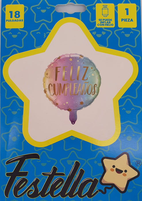 Globo Metalizado Redondo Feliz Cumpleaños Degrade Rainbow 18" Festella