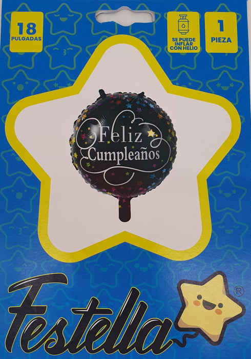 Globo Metalizado Redondo Feliz Cumpleaños Estrellas Multicolor 22" Festella