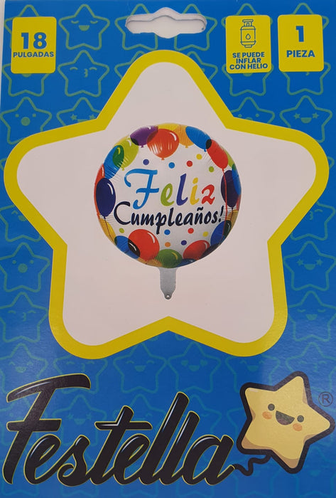 Globo Metalizado Redondo Feliz Cumpleaños Globos Multicolor 18" Festella