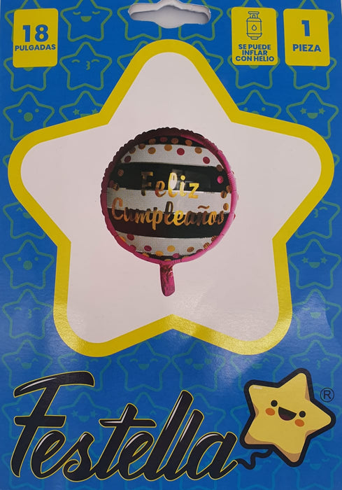 Globo Metalizado Redondo Feliz Cumpleaños Rayas Blanco Negro 18" Festella