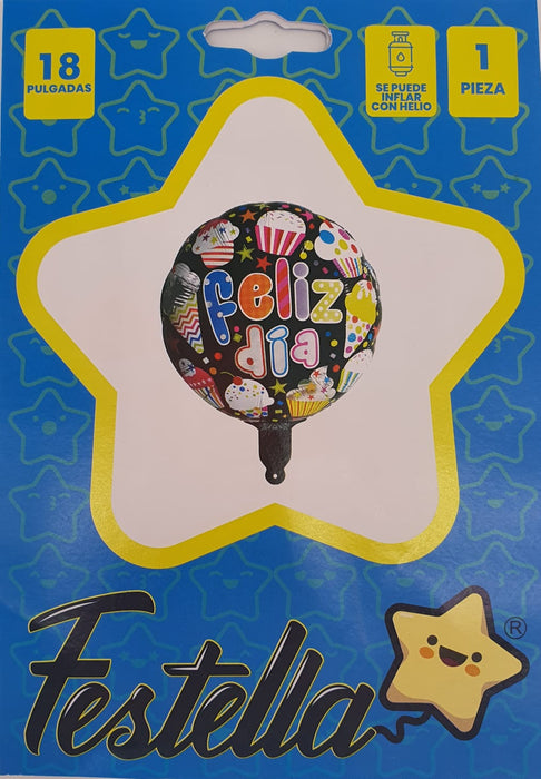Globo Metalizado Redondo Feliz Dia Conos y Cupcakes 18" Festella