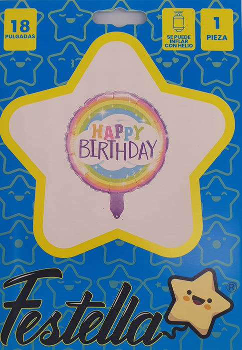 Globo Metalizado Redondo Happy Birthday Dulce Arcoiris 18" Festella
