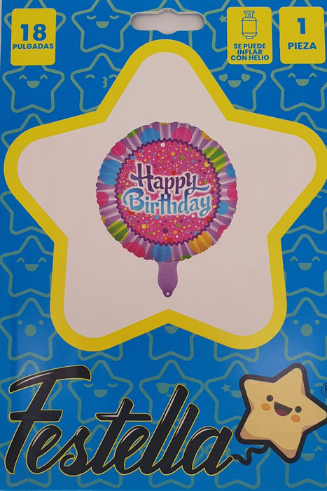Globo Metalizado Redondo Happy Birthday Multicolor Rosado 18" Festella