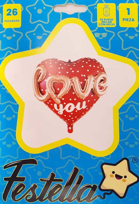 Globo Metalizado Corazon Love You Rojo en Relieve 26" Festella