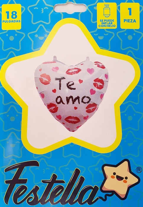 Globo Metalizado Corazon Te Amo Blanco Besos 18" Festella