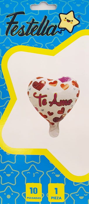 Globo Metalizado Corazon Te Amo Blanco Corazones Rojos 10" Festella