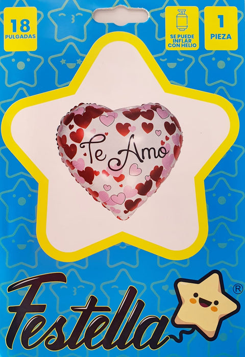 Globo Metalizado Corazon Te Amo Blanco Corazones Rojos y  Rosados 18" Festella