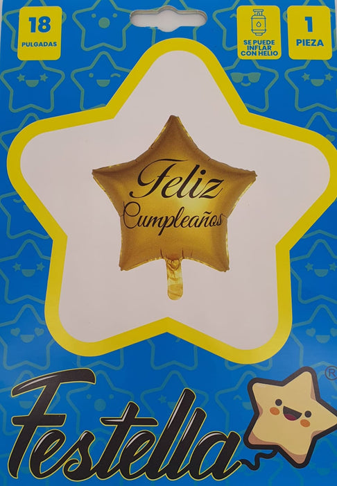 Globo Metalizado Estrella Feliz Cumpleaños Dorado 18" Festella