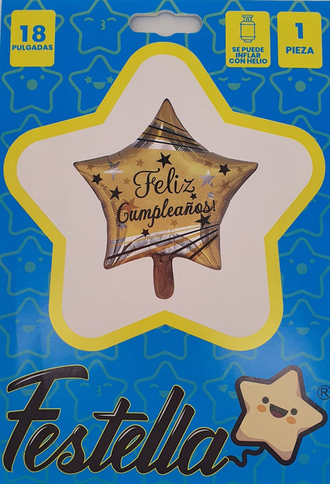 Globo Metalizado Estrella Dorada Feliz Cumpleaños 18" Festella