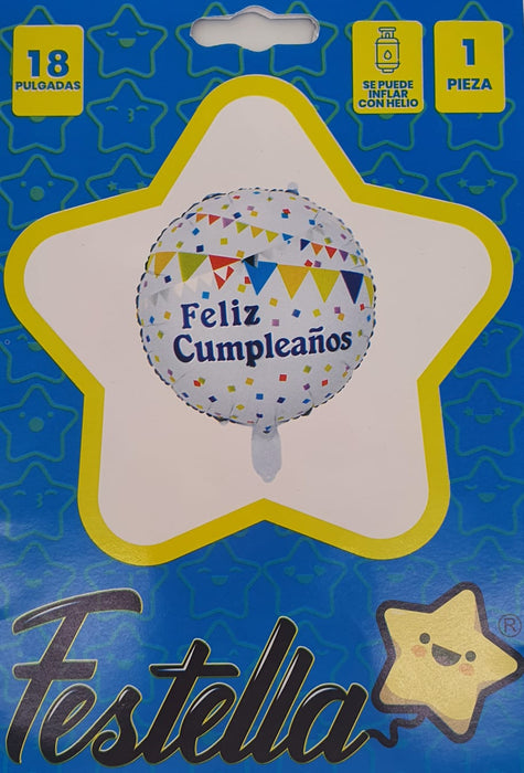 Globo Metalizado Feliz Cumpleaños Banderolas y Confetti Blanco 18" Festella