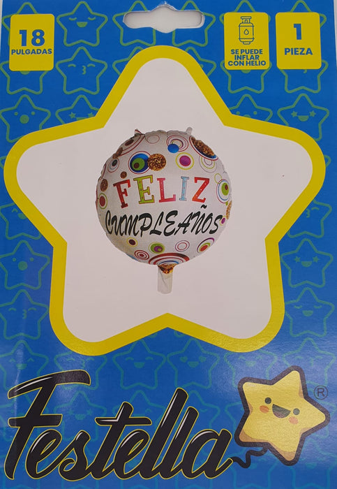 Globo Metalizado Feliz Cumpleaños Circulos Multicolor 18" Festella
