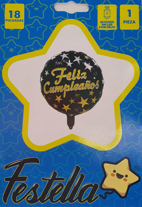 Globo Metalizado Feliz Cumpleaños Estrellas y Chispas Dorado Plata 18" Festella