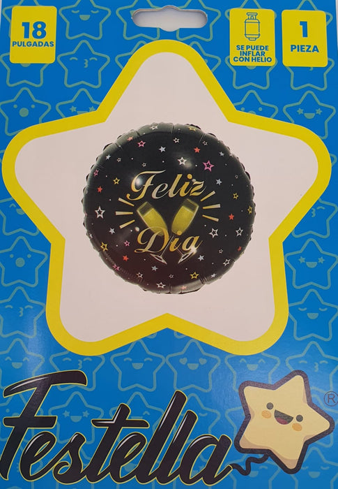 Globo Metalizado Feliz Dia Estrellas y Copas Negro 18" Festella
