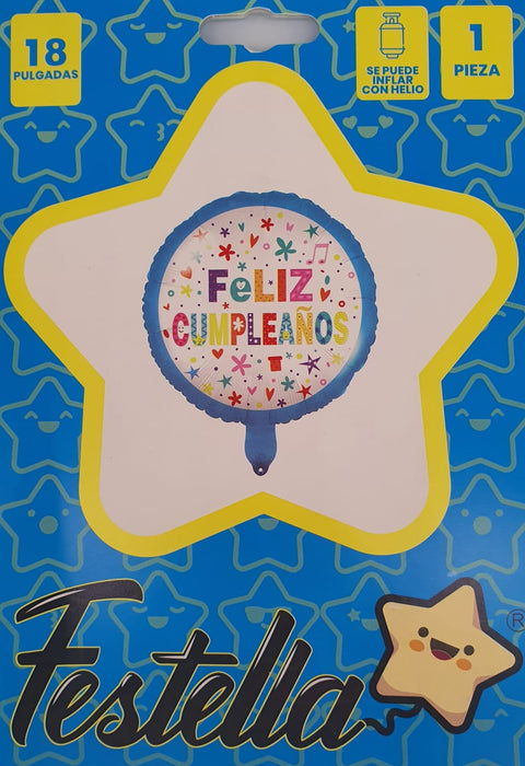Globo Metalizado Feliz Cumpleaños Flores Corazones y Estrellas Azul 18" Festella