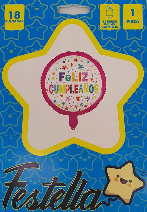 Globo Metalizado Feliz Cumpleaños Flores Corazones y Estrellas Fucsia 18" Festella