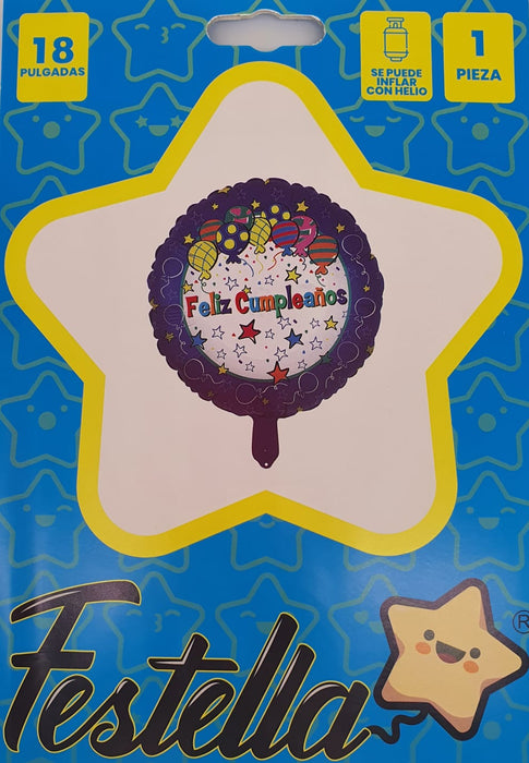 Globo Metalizado Feliz Cumpleaños Globitos y Estrellas Azul Rey 18" Festella